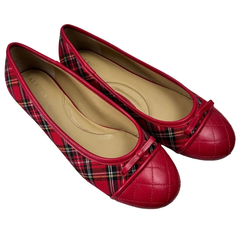 Talbots Ballet Flats Women 8.5M Red Plaid Tartan Quilted Preppy Shoes Academia